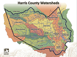 Harris County Flood Control District Map of area Watersheds, which is where land separates waters flowing to different rivers and basins.